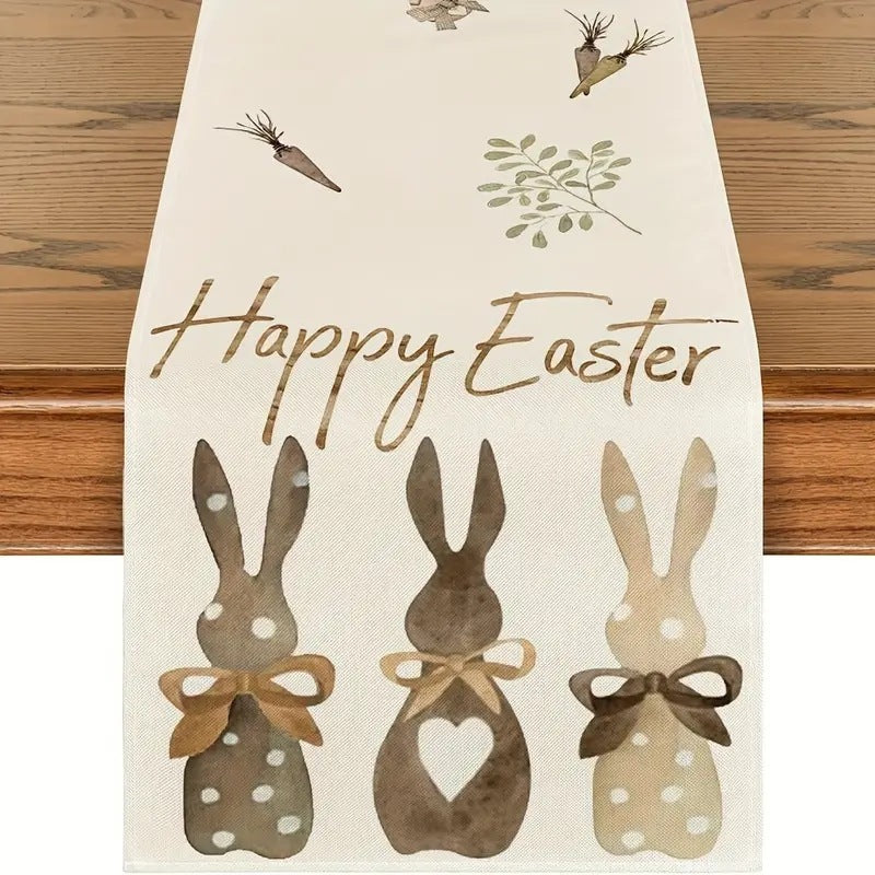 Bunny Happy Easter Table Runner Beige 33x180cm Cotton Linen