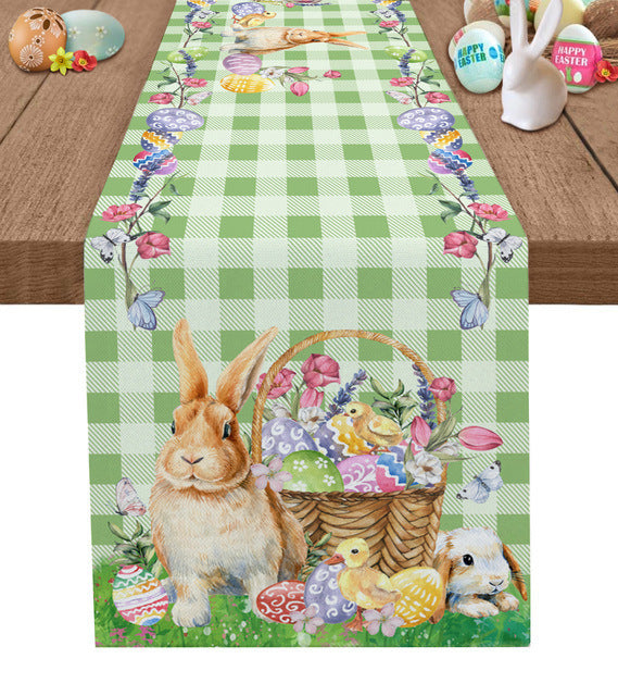 Easter Bunny Gingham Table Runner Green Cotton Linen
