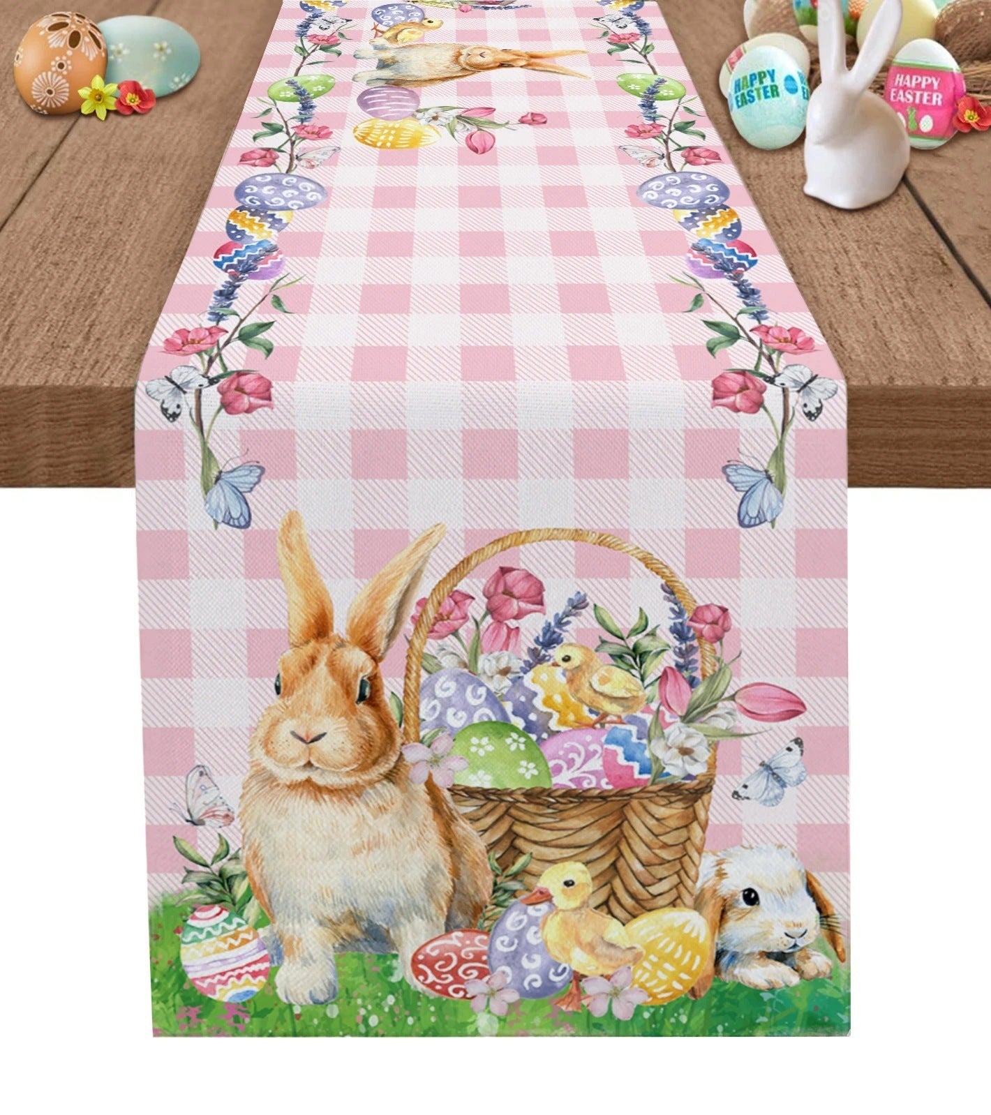 Easter Bunny Gingham Table Runner Pink Cotton Linen
