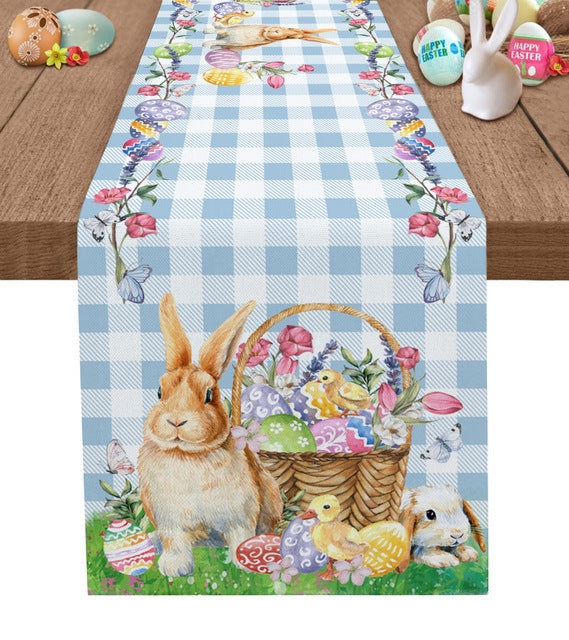 Easter Bunny Gingham Table Runner Blue Cotton Linen