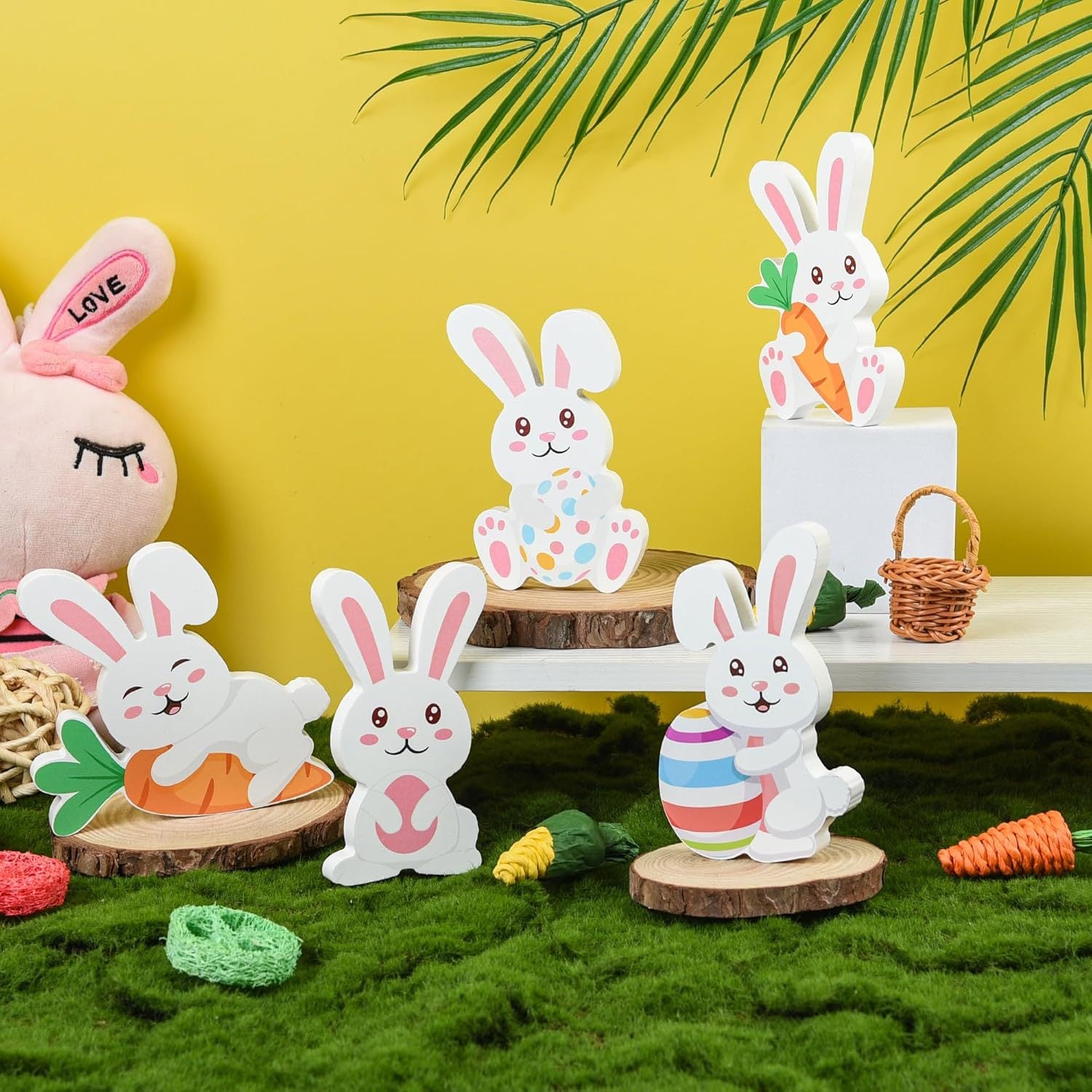 Easter Bunny Wooden Decoration 5-pcs White Small Colourful