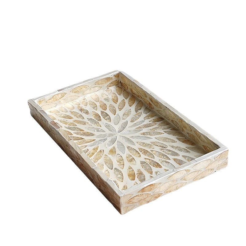 Mother of Pearl Inlay Wooden Tray 25x15cm Beige Shell Decorative Display Tray
