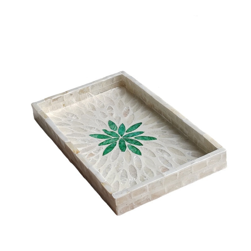 Mother of Pearl Inlay Wooden Tray 25x15cm Beige Shell Decorative Display Tray