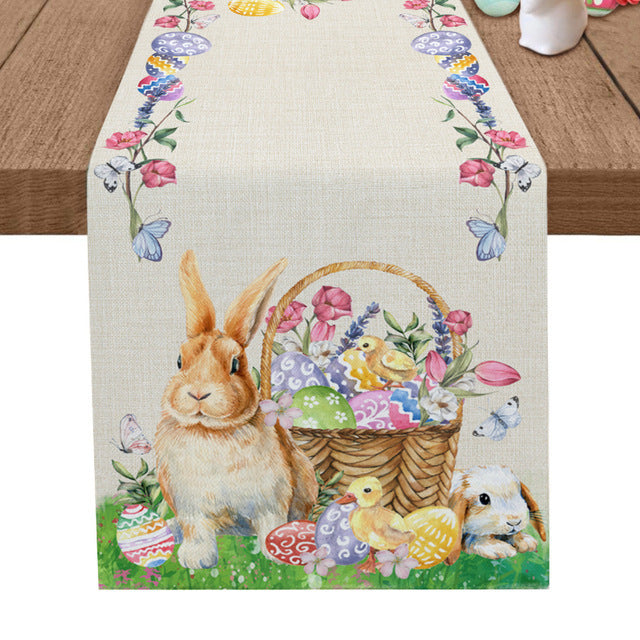 Rustic Easter Bunny Table Runner Beige Cotton Linen 33x180cm