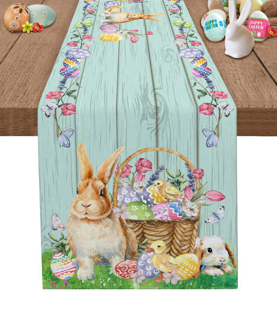 Rustic Easter Bunny Table Runner Turquoise Cotton Linen 33x180cm
