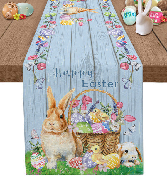 Rustic Easter Bunny Table Runner Blue Cotton Linen 33x180cm