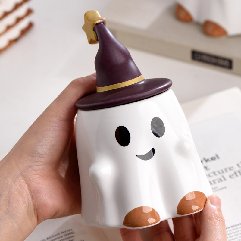 Spooky Elf Ceramic Mug with lid Brown White 350ml