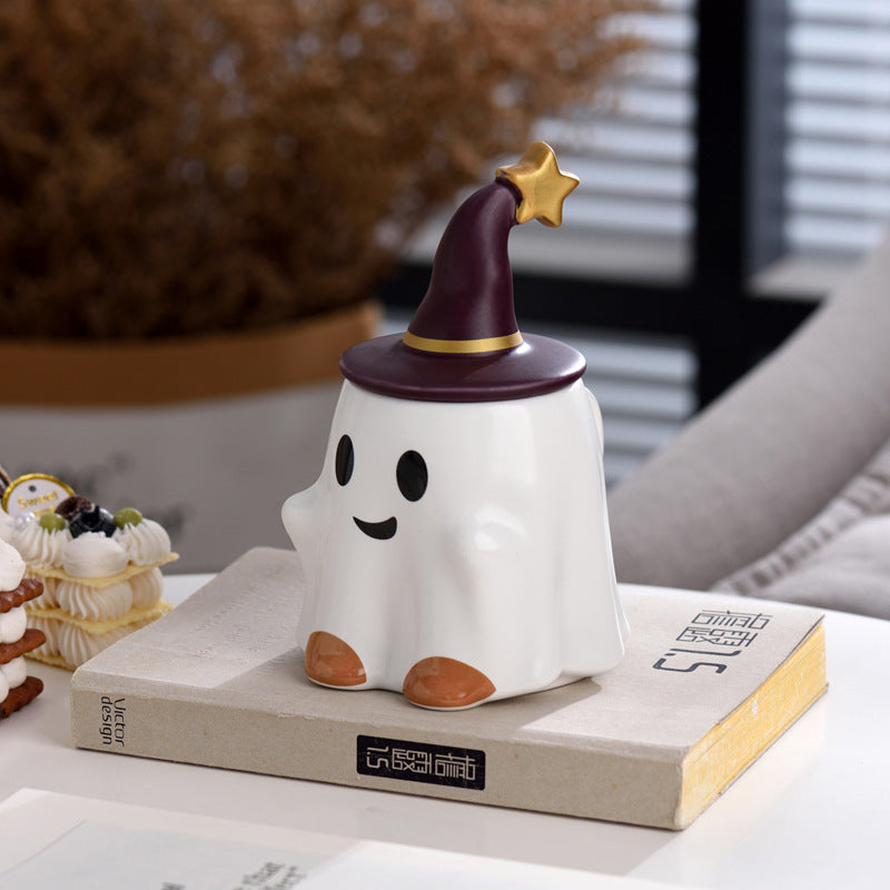 Spooky Elf Ceramic Mug with lid Brown White 350ml