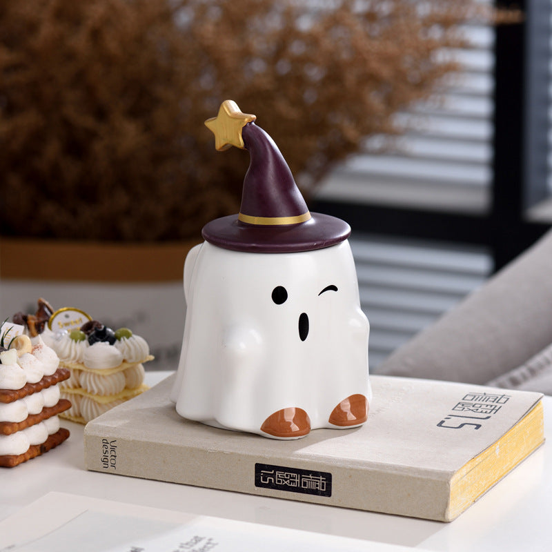 Spooky Elf Ceramic Mug with lid Brown White 350ml