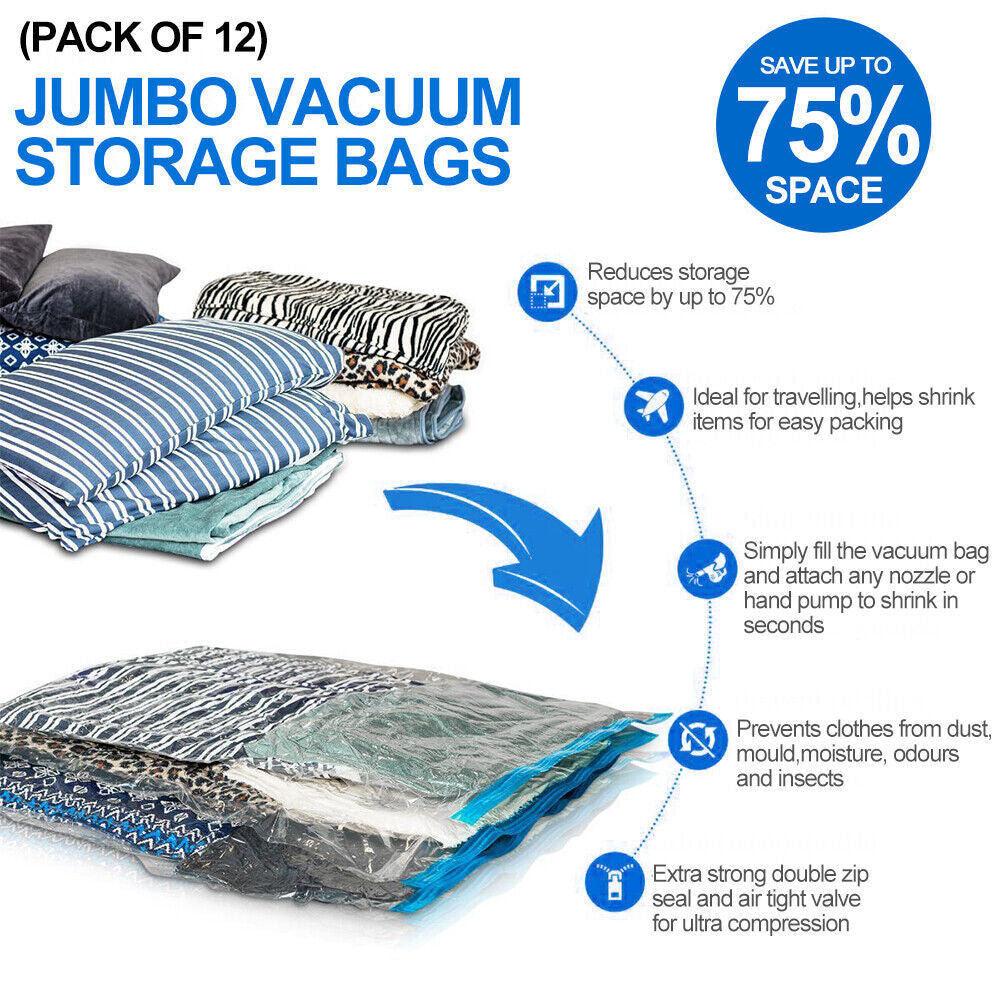 Vacuum Storage Bags with Manual Pump (Pack of 12)